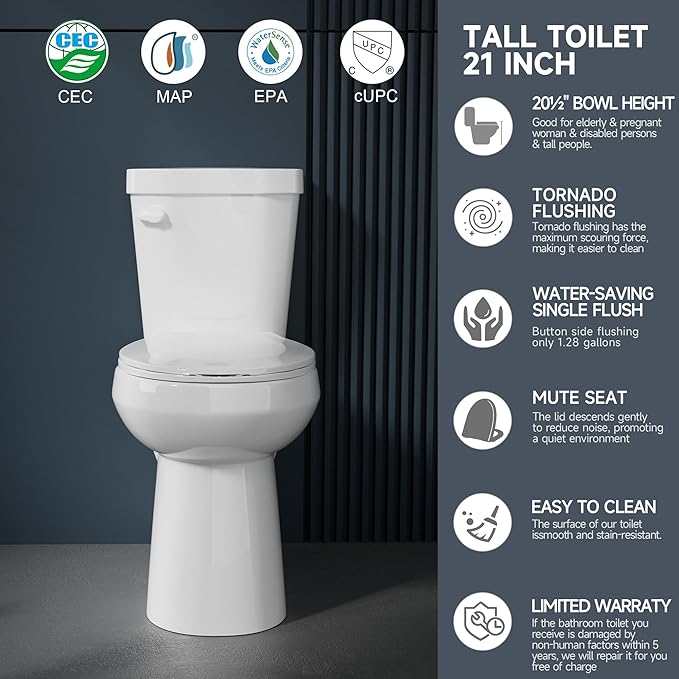 Compact Extra Tall Toilet 21 Inch for Small Bathroom 1.28 GPF Tornado Single Flush - Two Piece Comfort High Toilet for Seniors, 20.5 Inch Bowl Height, 21.25 Inch Seat Height, 12" Rough In,White