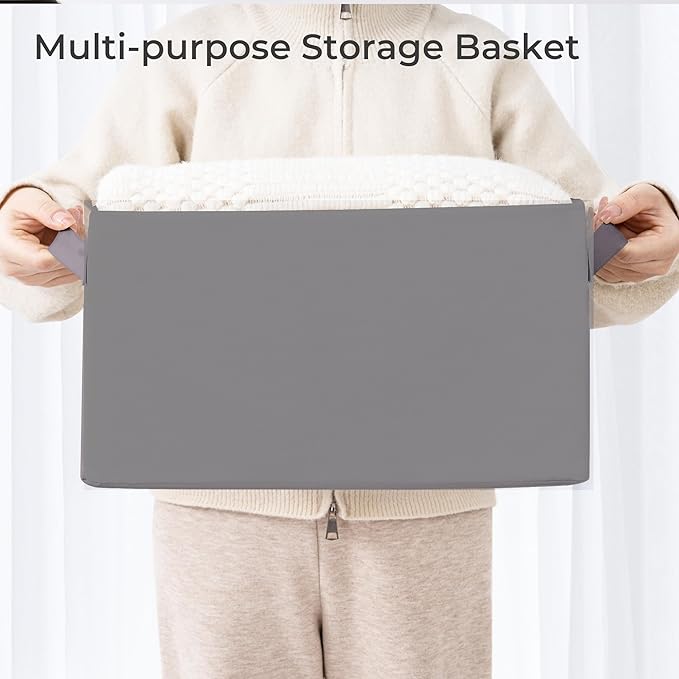 Storage Basket Bins with Metal Frame, Large Collapsible Fabric Storage Baskets for Organizing Shelf, Basket Organizer W/Handles for Towels, Laundry, Office, Home, 3-Pack, Grey
