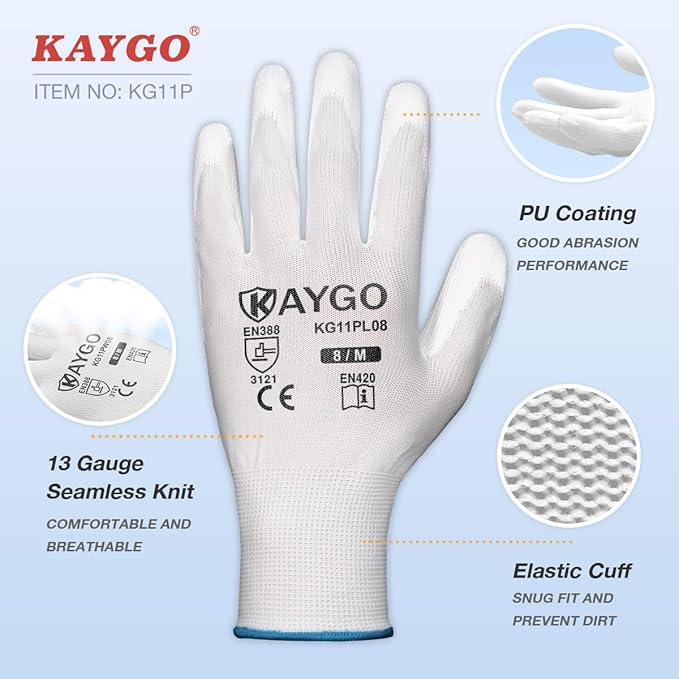 KAYGO Work Gloves for Men and Women,12 Pairs Seamless Knit PU Coated Safety Gloves, with Smooth Grip on Palm and Fingers, Ideal for Light Warehouse, Manufacturing, Gardening, KG11P (S, White)