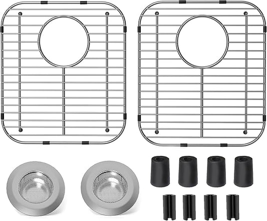 2Pack Stainless Steel Kitchen Sink Grid,13.2" x 11.6" x 1.2" Sink Protectors With Rear Drain Hole,Sink Rack for Bottom of Sink, Anti-rust Metal Sink Bottom Grid With 2Pack Sink Strainers