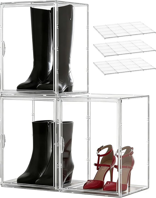 XXX-Large Clear Stackable Acrylic Display With Lid & Magnetic Door - 2-Tier Adjustable Shoe Box Case 11.8'' X 9.8'' X 15.7''Organizer For Boot, Sneakers, Collectibles, Figures, Purses | 3-Pack