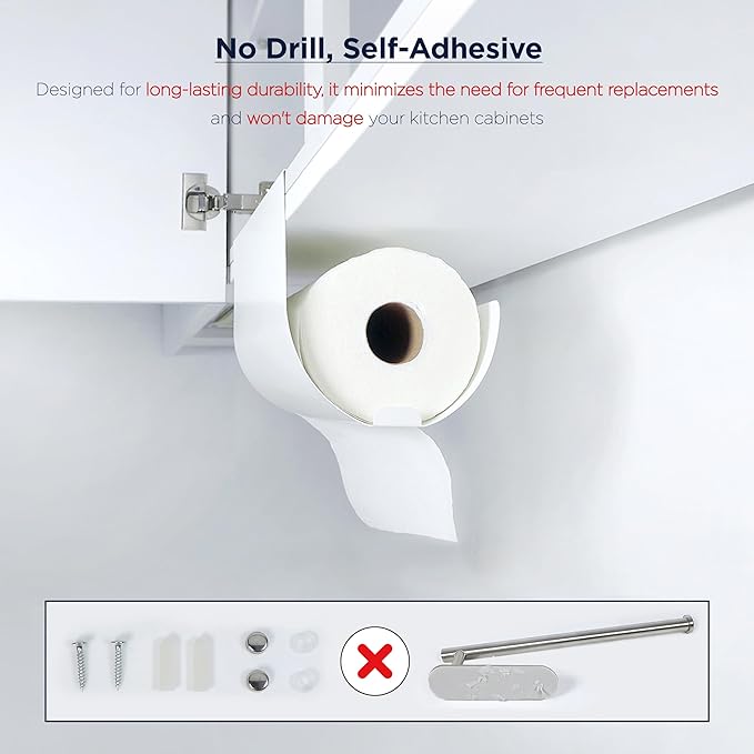Paper Towel Holder - Under Cabinet, No-Drill Self-Adhesive Hanging Rack, Easy Tear, Space-Saving Sleek Metal Kitchen Roll Dispenser, Wall-Mount Look, Kitchen Storage & Organization - White