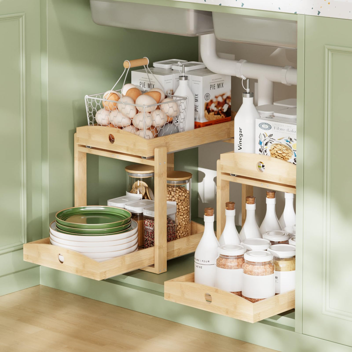 2 Pack Bamboo Under Sink Organizer, 2-Tier Pull-Out | All Products - Image 1