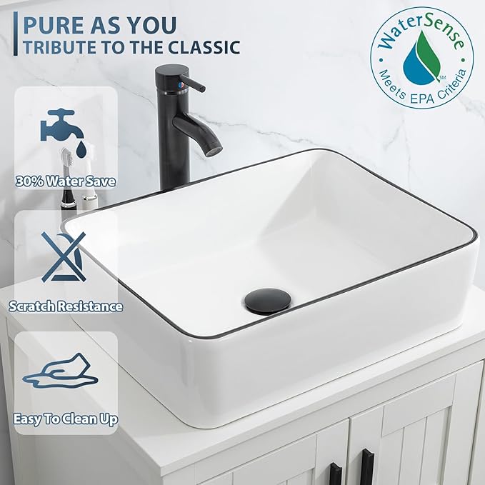 eclife 36" Modern Bathroom Vanity Sink Combo Freestanding Cabinet with Small Side Cabinet, White Black Ceramic Vessel Sink, Water Save Faucet, Drain (White+T03BK)