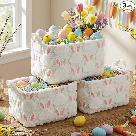 Kathfly 3 Pcs Easter Storage Bin Jacquard Design Bunny Basket Box with Handle Large Storage Baskets Foldable Rabbit Box for Easter Party Decoration