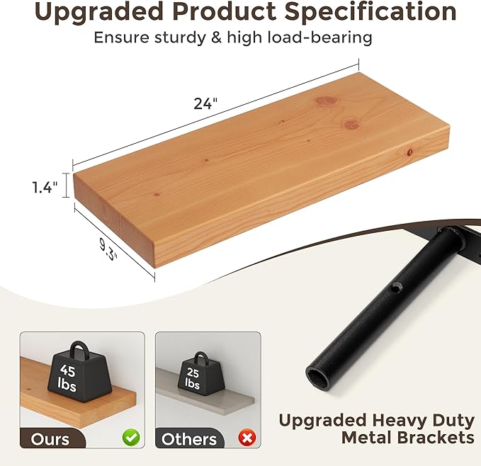 24 Inch Floating Shelves for Wall, 9.3" Deep USA-Sourced Solid Wood Wall Shelves with Heavy Duty Invisible Bracket, Nursery Storage Display Shelf for Living Room, Kitchem, Bedroom, Set of 2, Natural