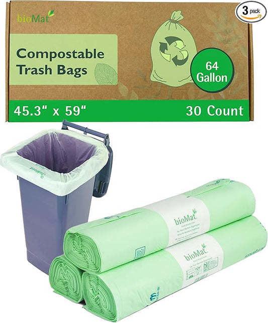 bioMat 64 Gallon Compostable Trash Bags, 30 Count, Extra Large Kitchen Compost bags for Food Waste, BPI & CMA and ASTM D6400 Certified Kitchen Food Scrap Waste Bags