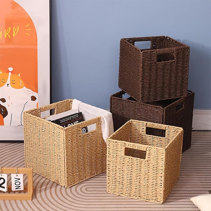 10.5x10.5inch Storage Baskets Set of 3,Brown Paper Rope Woven Baskets,Foldable Handwoven Storage Cubes,Wicker Cube Baskets Laundry Organizer Totes for Bathroom, Bedroom, Laundry, Pantry, Shelves