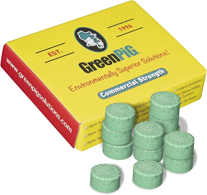 Green Pig Septic Tank Treatment Pucks – Enzyme & Bacteria-Based Treatment for Preventative Septic Maintenance, Helps Reduce Odors & Buildup, 2-Year Supply (12 Pucks)