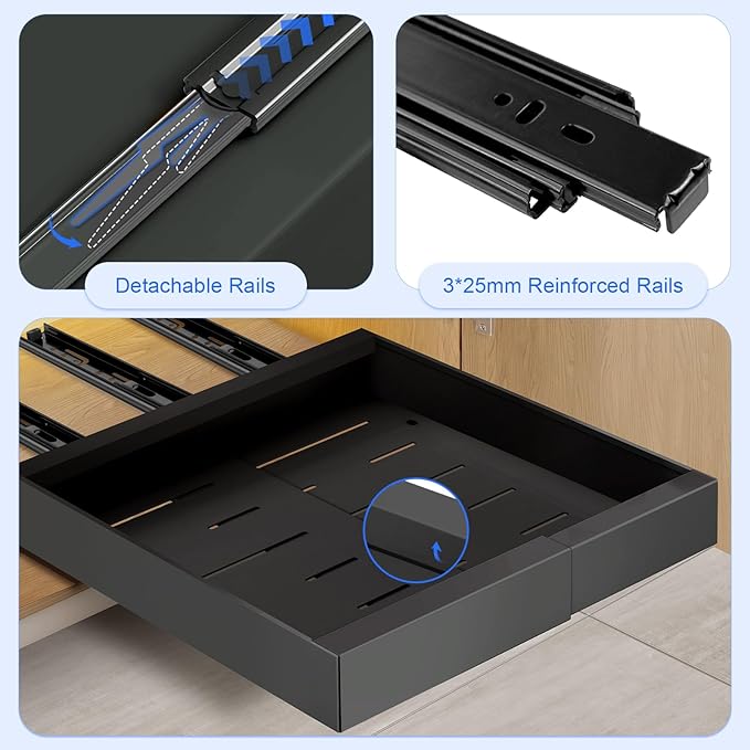 2Pack Expandable Pull Out Cabinet Organizer 21" Deep with Raising Pad for Framed Cabinets, Roll Out Shelves Adhesive, Adjustable Width 12.24"-20.5" W