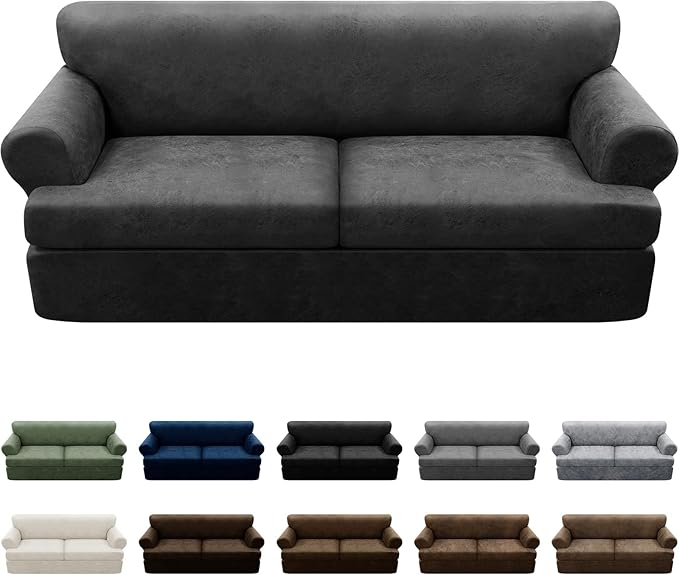 3-Piece T Cushion Sofa Slipcover - Leather Look Couch Cover for 2-Cushion Furniture - Stretch Protector With 2 Individual Seat Covers, Washable, Dark Grey