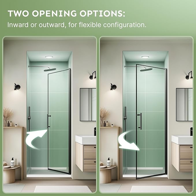 30" Wx72 H Frameless Reversible Pivot Shower Door, 1/4" Clear SGCC Tempered Glass, 304 Stainless Steel Hardware, Water Protection Seal Stripes Plus Glass-Fixing Aluminum Stripe