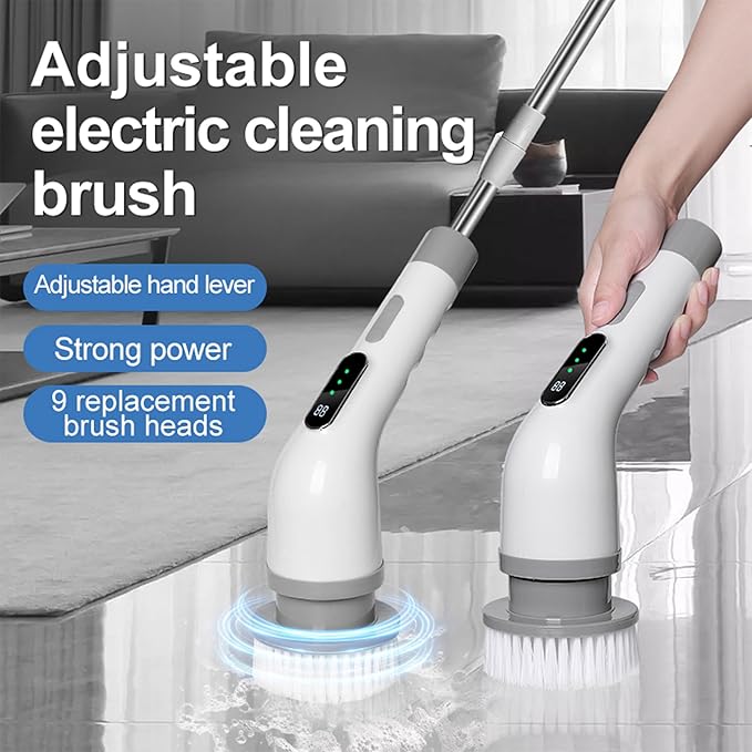 Electric Spin Scrubber, Cordless Cleaning Brush Scrubber for Home, 9 Replaceable Brush Heads, 50Mins Work Time, 3 Adjustable Size, 3 Strong Speeds for Bathroom Shower Bathtub Car Glass, Gray Color
