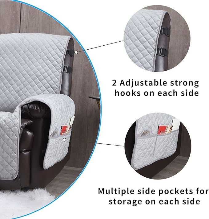 LUFEIJIASHI Velvet Recliner Covers Non Slip Waterproof Recliner Chair Covers for Leather Chairs Reversible Recliner Sofa Cover for Living Room Recliner Furniture Protectors Cover for Dog Grey 23"