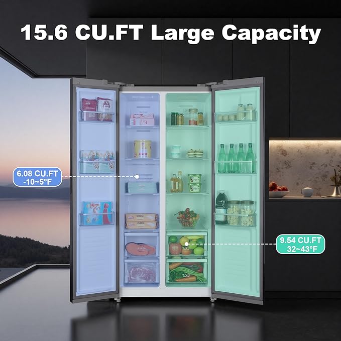 Iceblue Refrigerator, 15.6 Cu.Ft. Side-by-side Refrigerators, Black Stainless Steel Beverage Fridge with Freezer, Zoning Temperature Control Frost Free Beverage Refrigerators - Black
