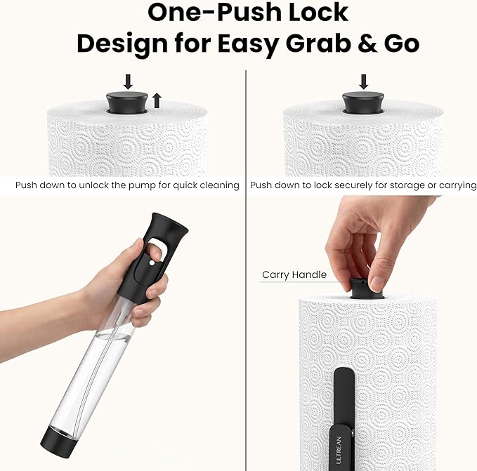 Ultrean Paper Towel Holder with Spray Bottle, Countertop Freestanding Paper Towel Dispenser with Spring-Loaded Tension Arm for One-Handed Tear, Weighted Base, Stainless Steel for Kitchen, Black