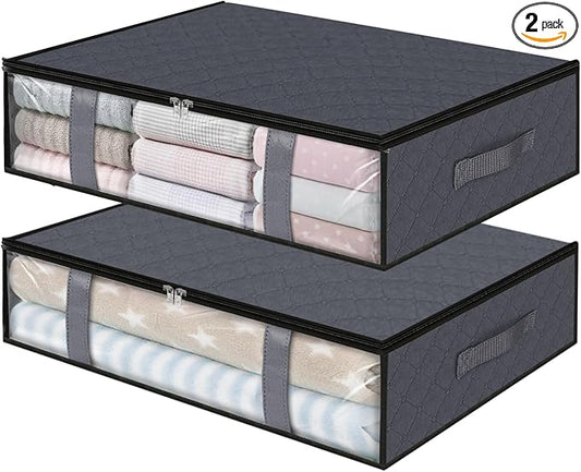 StorageRight Under Bed Storage Bags 2 Pack, 40L Large Clothes & Comforter Storage Containers with Clear Window, Breathable Fabric Organizer for Blankets, Bedding, Seasonal Clothing, Grey