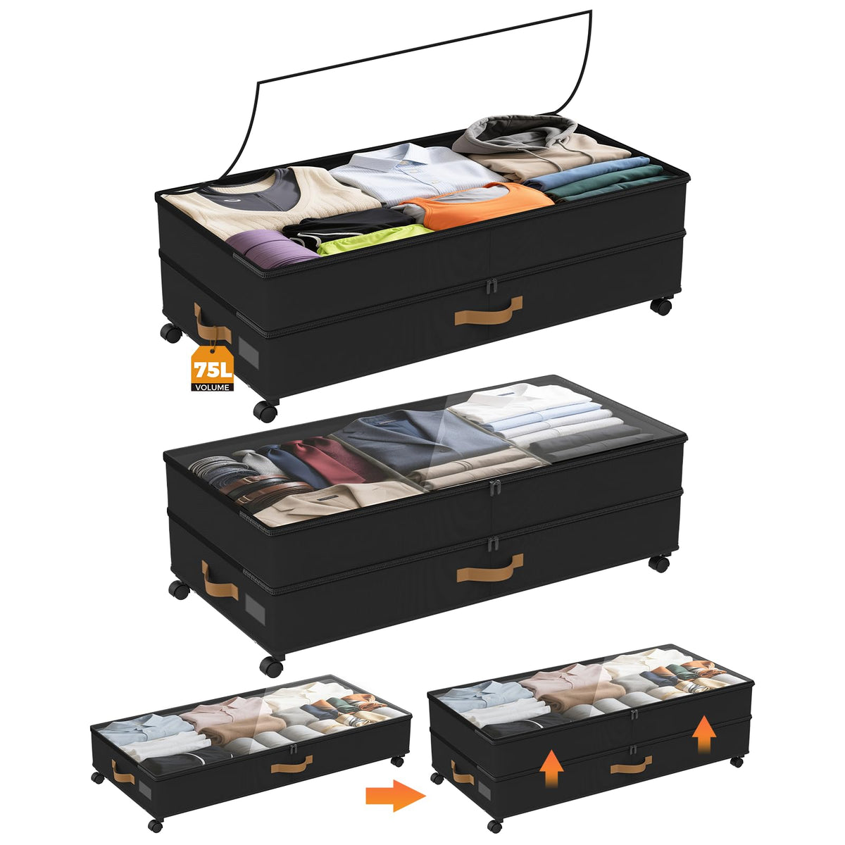 75L 2 Pack Adjustable Under Bed Storage with Wheels - Image 1