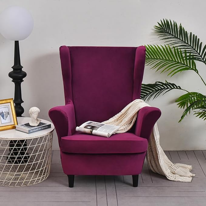 OBCREAT Wingback Chair Covers 2 Piece Stretch Velvet Wingback Chair Slipcover Soft Wing Chair Sofa Covers with Elastic Bottom,Armchair Couch Cover Furniture Protector for Living Room (Magenta)