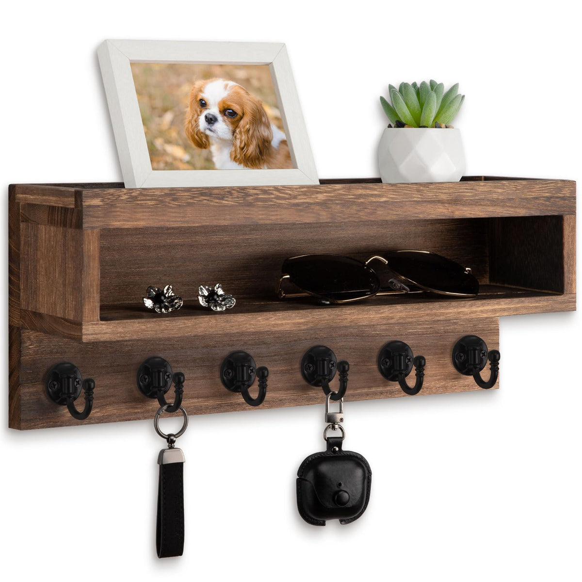 Key and Mail Holder Wall Mount with Long Storage Box and 6 Hooks - Image 1