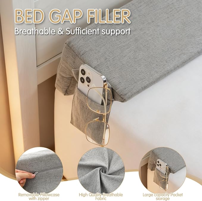 Novabright 39"x 8"x 5" Bed Wedge Pillow Gap Filler for Headboard Gap Filler Bed Wedge Pillow with Side Pocket Gaps Mattress Wedges Gaps Fillers to Stop Items Falling Down, Removable and Washable
