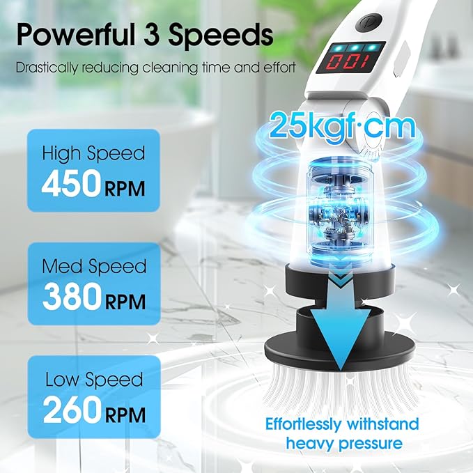Electric Spin Scrubber Shower Scrubber with Long Handle & 3 Speeds, Rechargeable Cordless Power Scrubber Spin Brush for Cleaning Bathroom, Tub, Floor, Tile（Black-Beige