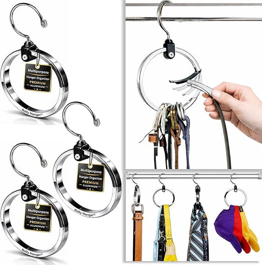 Rolly Hanger® Closet Space Saver – Premium Rotating Aluminum Organizer for Belts, Ties, Hats & Handbags – Heavy Duty 360° Swivel – Declutter & Maximize Storage (3 Pack)