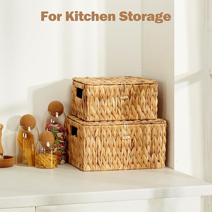 Wicker Basket with Lid, Water Hyacinth Storage Baskets for Shelves, Large & Small Storage Basket with Lid and Built-in Handles, Hand Woven Hyacinth Baskets 2 Pack