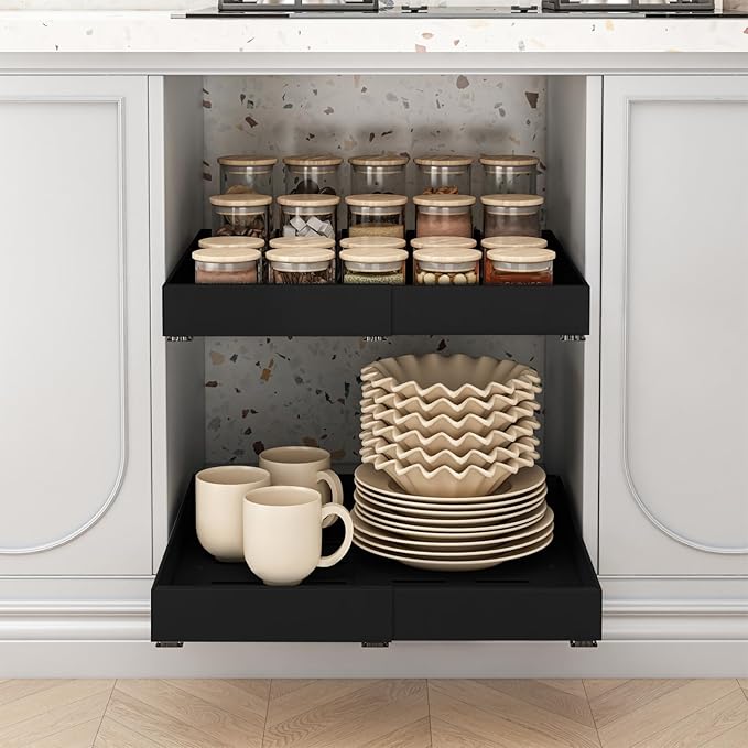2 Pack Expandable Pull Out Cabinet Organizer, 16" Deep Expandable (12.6" - 20.5") 3 Heavy Duty Slide Drawers Pull Out Drawers for Kitchen Storage Cabinet (Black)