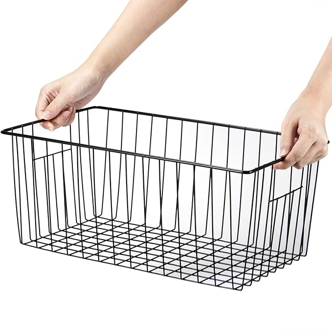 Upright Freezer Organizer Bins， Freezer Baskets for 16, 17, 21 cu.ft Standup Freezer, Wire Storage Baskets with Built-in Handles for Frozen Foods, Snacks, Vegetables, Fruits and More, Set of 6 , Black