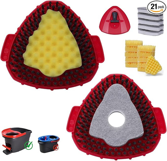 2 Pcs Spin Mop Replacements Scrub Brush and 1 Mop Base with 6 Pcs Scouring Pad Compatible with Cedar EasyWring 1 Tank System，Including 6Pcs Scouring Pad + 12Pcs Heavy Duty Scrub Sponge