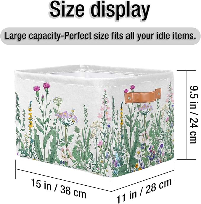 Pardick 2Pack Herbs and Wild Flowers Large Collapsible Storage Bins,Colorful Floral Decorative Canvas Fabric Storage Boxes Organizer,Rectangular Shelves Baskets Box for Home Office Nursery Closet