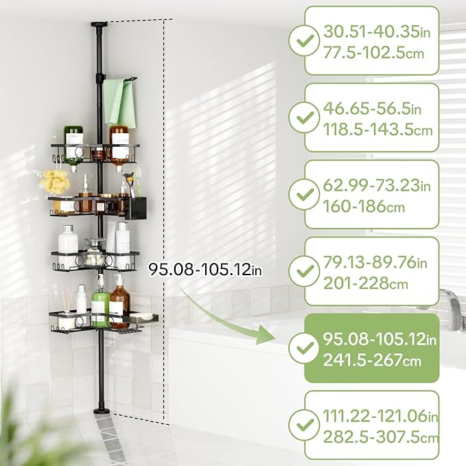 Corner Shower Caddy Tension Pole, 4 Tier Rustproof Shower Tension Rod Organizer with Soap Holder & Hooks, Adjustable 30-121 Inch Bathroom Shelf for Renters - Family Stand Storage Rack, Black
