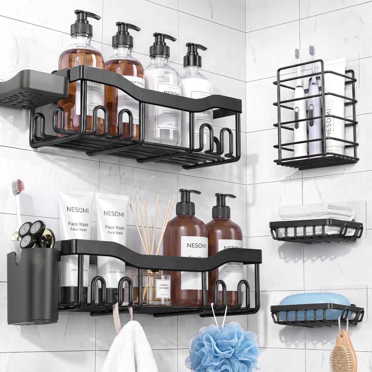 NESOMI 7-Pack Shower Caddy Adhesive,Stainless Steel Shower - Image 1