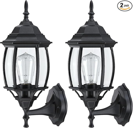 2 Pack Black Outdoor Wall Lights - 16.8 Inch Garage Side Light for House, Metal and Glass Wall Lantern Sconce, Vintage Outside Porch Light for Front Door,Porch,Balcony,E26 Base