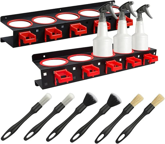 2 Set Spray Bottle Storage Rack with Car Cleaning Brush Detailing Kits,Hanging Rail Car Shop Accessory Display Auto Cleaning Detailing Tools Hanger Bottle Organizer