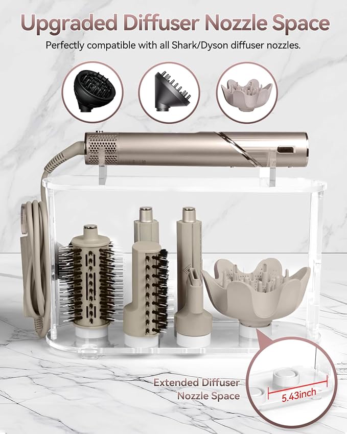 Affogato Storage Holder Compatible with Dyson Airwrap Shark FlexStyle Flexfusion, Acrylic Airwrap Organizer Stand, Countertop Display Rack for Long Barrels & Diffuser Nozzles Attachments