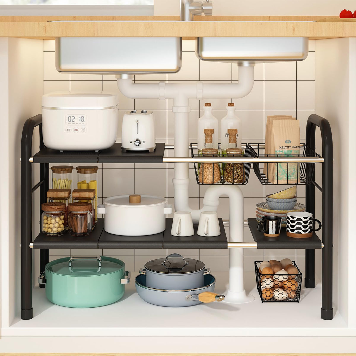 Expandable Under Sink Organizer, 2 Tier Under Sink Shelf - Image 1
