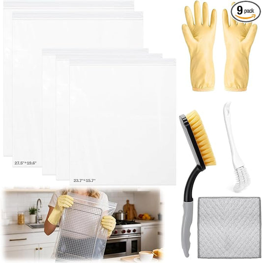 XANGNIER 9 Pack Oven Rack Cleaning Bags Kit with Brush,No Cleaner Included,Simple to Use,No Messy Hands Reusable Leakproof Soaking Cleaner Bags for Removable Metal Rack,BBQ Grills,Grill Grate