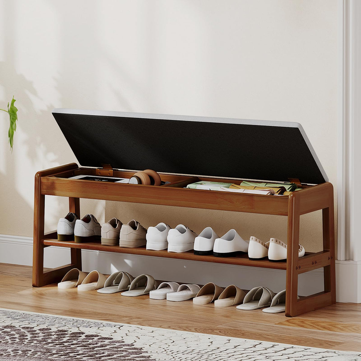 Solid Wood Shoe Rack Bench Entryway 2‑Tier with Hidden - Image 1