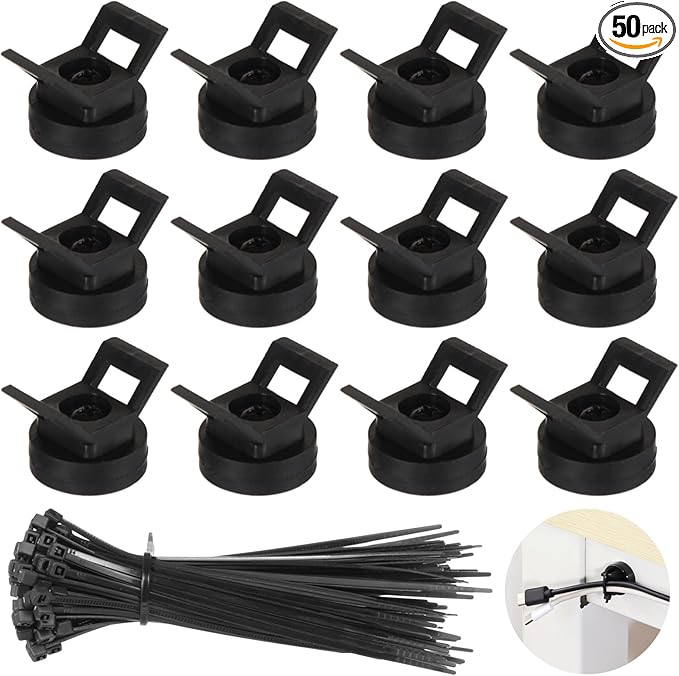 Magnetic Cable Zip Tie Mounts, 50 Pcs Magnet Bases with 200 Pcs Cable Ties, Multipurpose Wire Management Organizer for Desk PC Home Office, Adhesive-Free Cable Clips Holder