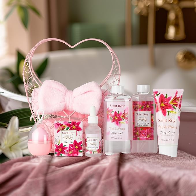 Valentines Day Gifts Basket Christmas Gifts for Women Spa Set Lily & Peony Home Spa Set, Beauty Personal Care Set Jojoba Oil, Spa Self Care Kit, Bath Body For Thank You, Birthday Gifts