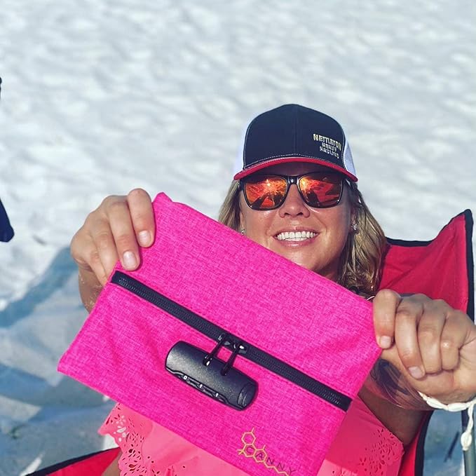 CANNY Mid-Zip Smell Proof Bag – Large Odor Eliminating Travel Pouch. Smell Proof Container with Lock – Medicine Stash Case with Bamboo Charcoal and Activated Carbon (Pink)