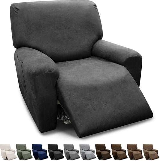 Chair Covers 4-Pieces Recliner Chair Covers 1 Seater Cover for Recliner Chair Leather Look Recliner Slipcovers with Pockets Spandex Fabric Furniture Covers(XL Recliner, Dark Grey)