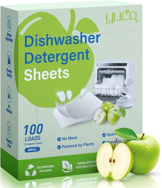 YUCO Dishwasher Detergent Sheets 100 Loads, Liquid-Free Dish Soap Cleaner Strips Eco-Friendly No Plastic Dishwasher Pods Detergent, Use in Dishwasher or Sink, Leaving Dishes Sparkling Clean (Apple)