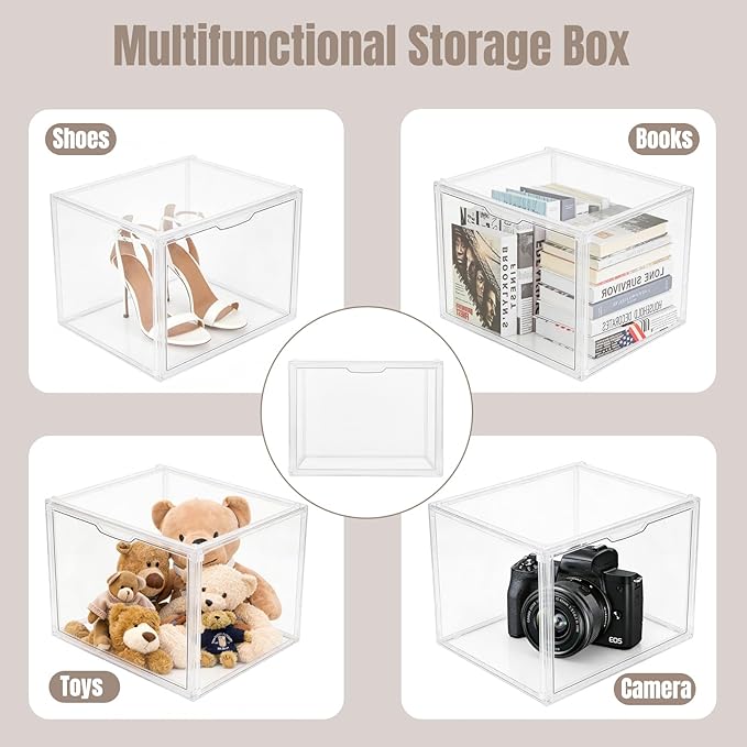9Pack Purse Organizer for Closet Clear Acrylic Display Case Handbag Storage Organizer Box with Magnetic Door Stackable Storage Bins with Dustproof Lid for Book Toys Shoes Cosmetic Collectibles