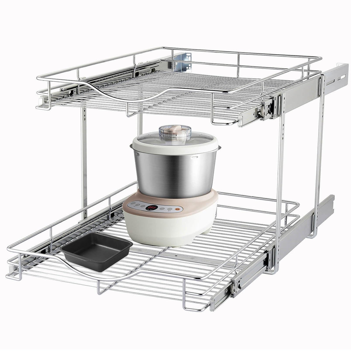 DINDON 2 Tier Pull Out Cabinet Organizer (17" W x 18" D) Heavy-Duty Metal Sliding Drawer Shelf, Two Tier Pull Out Shelves for Kitchen Cabinets, Pantry, Bathroom, Chrome Finish