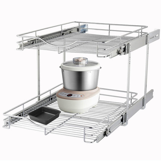 DINDON 2 Tier Pull Out Cabinet Organizer (17" W x 18" D) Heavy-Duty Metal Sliding Drawer Shelf, Two Tier Pull Out Shelves for Kitchen Cabinets, Pantry, Bathroom, Chrome Finish