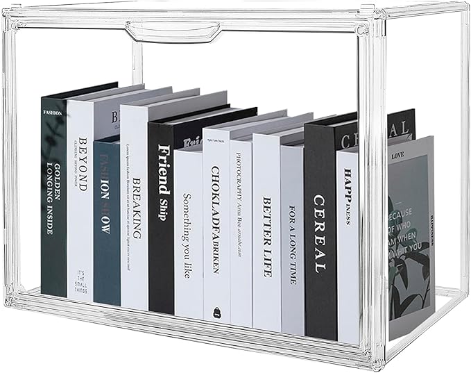 2 PACK Clear Book Storage Organizer Stackable Acrylic Book Display Box with Magnetic Door for Bookshelf Easy Assemble Bookcase Containers Display case for Comics Toys Handbags Shoes Purses