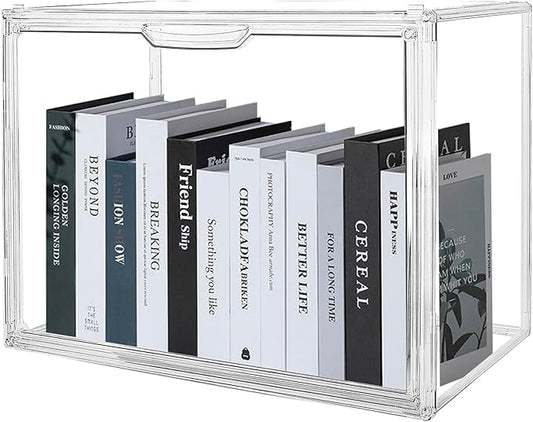 2 PACK Clear Book Storage Organizer Stackable Acrylic Book Display Box with Magnetic Door for Bookshelf Easy Assemble Bookcase Containers Display case for Comics Toys Handbags Shoes Purses